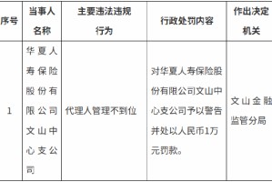 华夏人寿文山中心支公司被罚1万元：代理人管理不到位