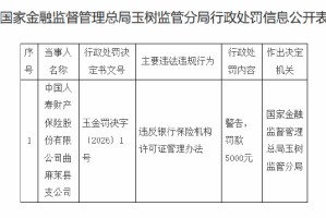 国寿财险曲麻莱县支公司被罚0.5万元：违反银行保险机构许可证管理办法